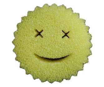 Round Dish Sponge, PU Sponge, Smiley Face Pattern, Two Sides, 10 x 4 cm, Yellow