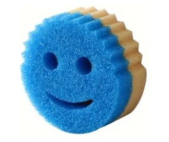 Round Dish Sponge, PU Sponge, Smiley Face Pattern, Two Sides, 10 x 4 cm, Yellow/Blue