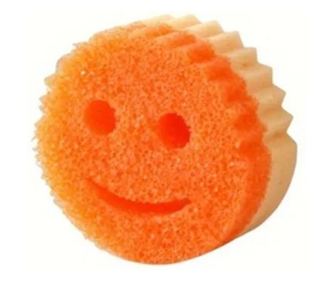 Round Dish Sponge, PU Sponge, Smiley Face Pattern, Two Sides, 10 x 4 cm, Orange/Yellow