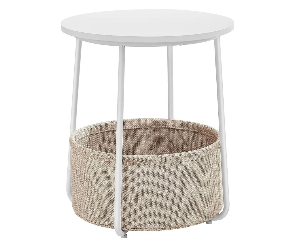 VASAGLE Round Coffee Table with Fabric Basket, Modern Style, 45x50cm, White with Beige
