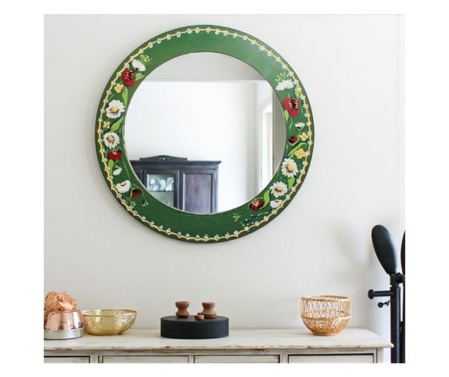 Kézzel festett fa tükör, zöld, rusztikus, 50 cm átmérő