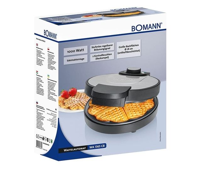 Гофретник BOMANN WA 1365 CB, 1000 W, Ø 18 см, Незалепващо покритие, за 5 вафли