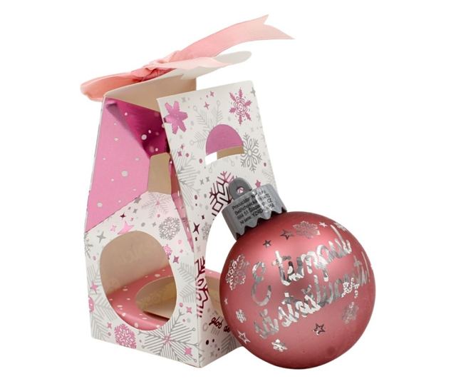 Karácsonyi gömb, LED-del, rózsaszín szín, "Itt az ideje ragyogni!" üzenettel