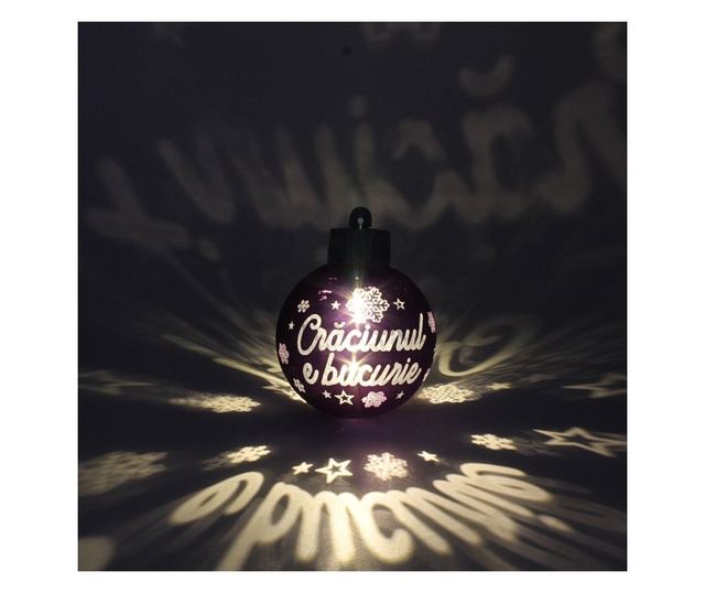 Karácsonyi gömb, LED-del, lila színben, "Karácsony öröm" üzenettel
