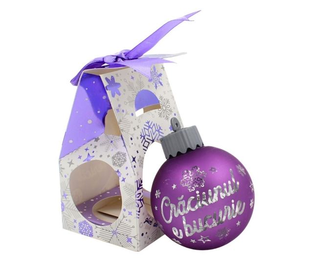 Karácsonyi gömb, LED-del, lila színben, "Karácsony öröm" üzenettel