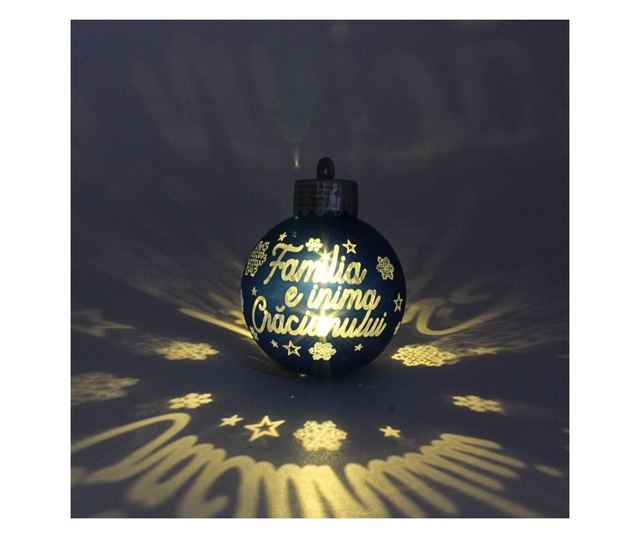 Karácsonyi gömb, LED-del, kék színű, "A család a karácsony szíve" üzenettel