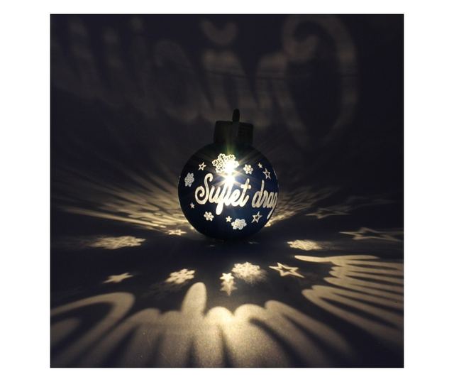 Karácsonyi gömb, LED-del, kék színű, "Kedves Lélek" üzenettel