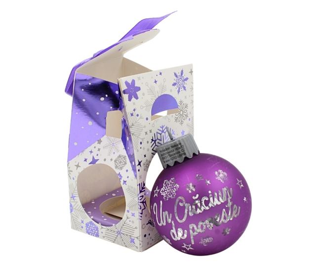 Karácsonyi gömb LED-del, lila, "Tündérmese karácsony" felirattal