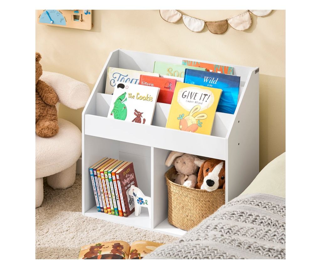 Dětská montessori knihovna s 3 policemi a 2 boxy, bílá dřevěná - 3