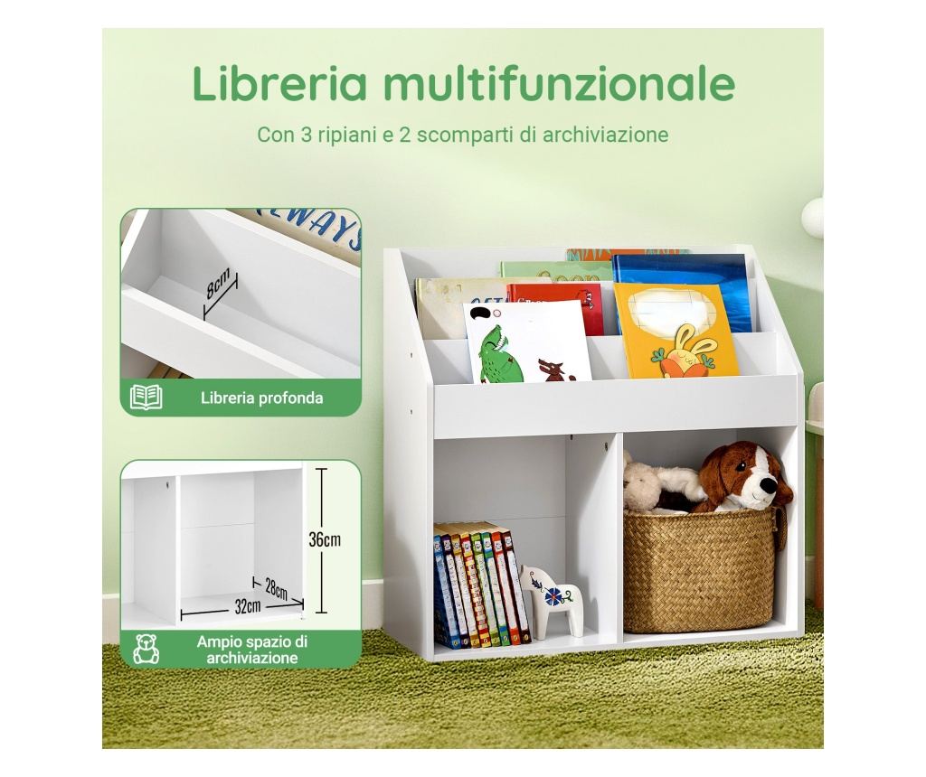 Dětská montessori knihovna s 3 policemi a 2 boxy, bílá dřevěná - 5