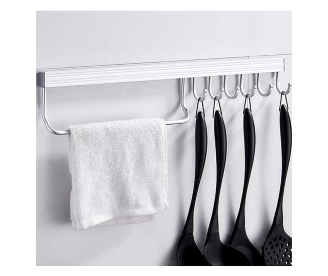 Pufo alumínium konyhai fogas 8 akasztóval és törölközőtartóval – Evőeszköz- és kiegészítőrendszerező, falra szerelhető, 50 cm