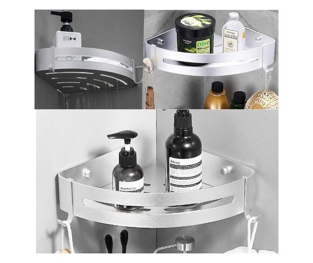 Pufo Bath alumínium sarok fürdőszobai polc – háromszög alakú tárolóállvány, 23 x 23 x 6 cm