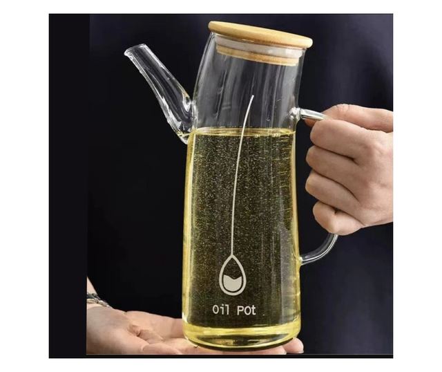 Oliviera Pufo boroszilikát üvegből, fogantyúval és bambusz fedéllel, 1L – elegáns tartály olajnak, ecetnek és folyadékoknak