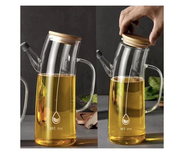 Oliviera Pufo boroszilikát üvegből, fogantyúval és bambusz fedéllel, 1L – elegáns tartály olajnak, ecetnek és folyadékoknak