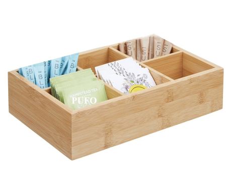 Cutie Pufo din bambus cu 6 compartimente si capac din sticla pentru plicuri de ceai – organizator elegant, 30 x 18 x 9 cm