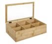 Pufo bambusz doboz 6 rekesszel és üvegtetővel teafilterekhez - elegáns szervező, 30 x 18 x 9 cm