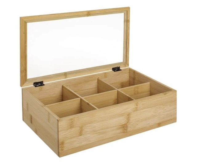 Pufo bambusz doboz 6 rekesszel és üvegtetővel teafilterekhez - elegáns szervező, 30 x 18 x 9 cm