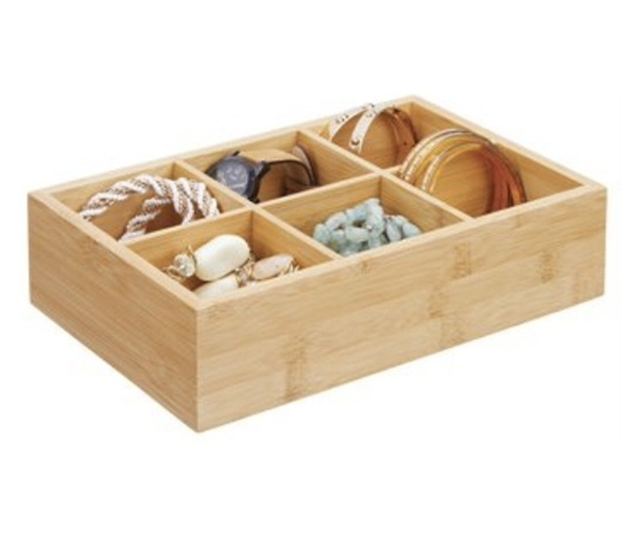 Pufo bambusz doboz 6 rekesszel és üvegtetővel teafilterekhez - elegáns szervező, 30 x 18 x 9 cm