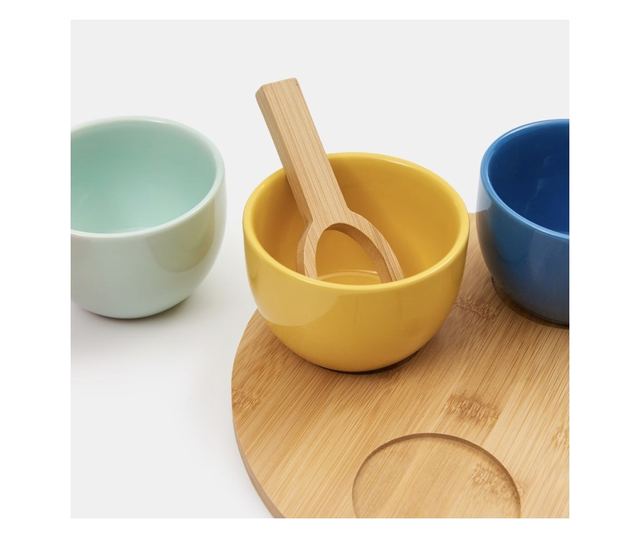 4 darabos elegáns kerámia tálkészlet bambusz állvánnyal előételekhez, rágcsálnivalókhoz, gyümölcsökhöz, többszínű