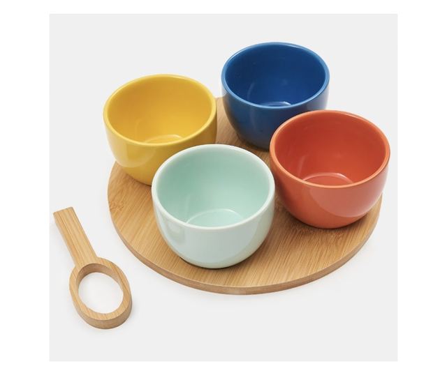 4 darabos elegáns kerámia tálkészlet bambusz állvánnyal előételekhez, rágcsálnivalókhoz, gyümölcsökhöz, többszínű