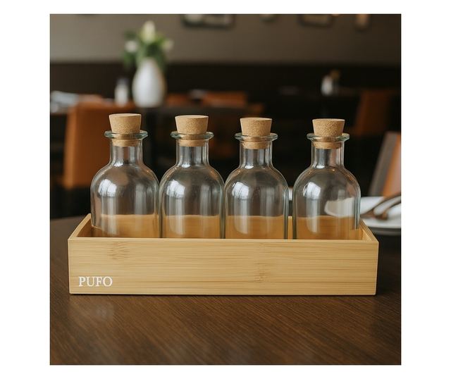 4 darab Pufo üveg dugóval és bambusz tartóval – Olajhoz, ecethez, öntetekhez, szószokhoz, fűszerekhez – 4 x 250 ml