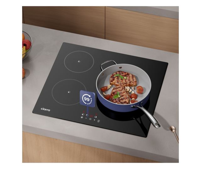 Ciarra beépíthető indukciós főzőlap, 3 főzőzóna, kristályosított üveg, 9 teljesítményszint, edényérzékelés, digitális kijelző, é