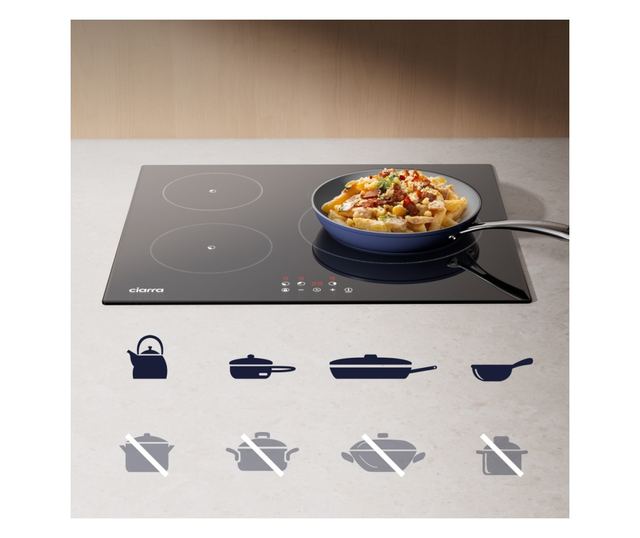 Ciarra beépíthető indukciós főzőlap, 3 főzőzóna, kristályosított üveg, 9 teljesítményszint, edényérzékelés, digitális kijelző, é