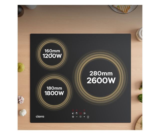 Ciarra beépíthető indukciós főzőlap, 3 főzőzóna, kristályosított üveg, 9 teljesítményszint, edényérzékelés, digitális kijelző, é