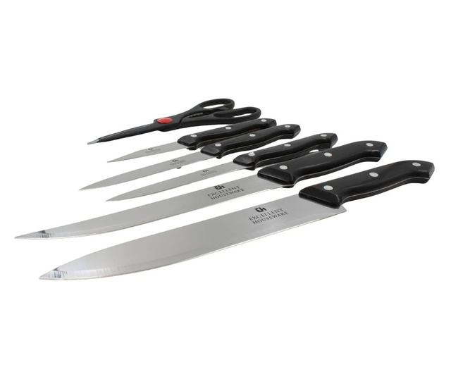 Kiváló háztartási késkészlet, 5 kés, olló és fa állvány