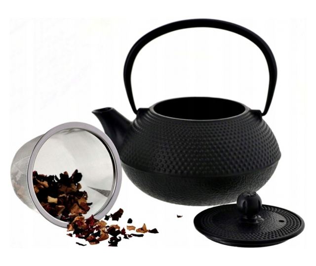Teáskanna és 2 csésze szett, fekete öntöttvas, 0,8 L