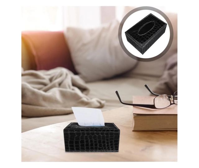 Szövetdoboz, Műbőr, Méretek 24x12x8.5cm, Fényes fekete ABYZ