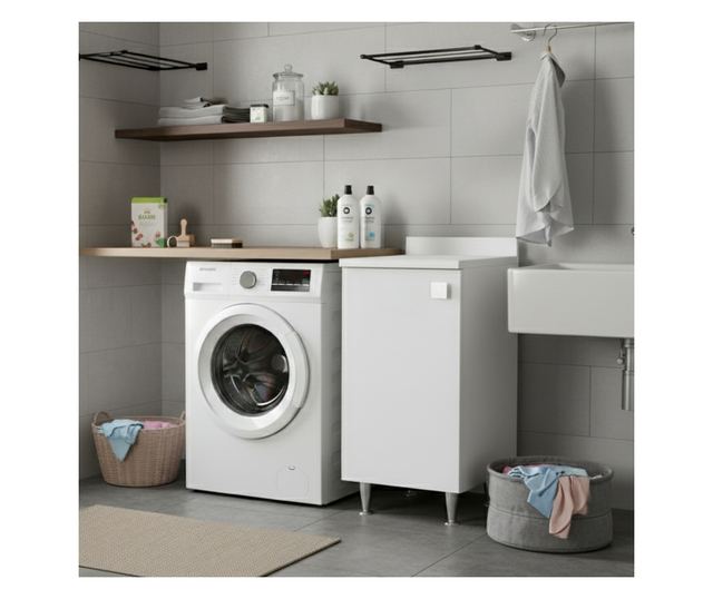 Fehér kőris szekrény jobbos ajtóval, fém lábakkal és 50 cm mélységgel, előre összeszerelve fürdőszobába és mosókonyhába.