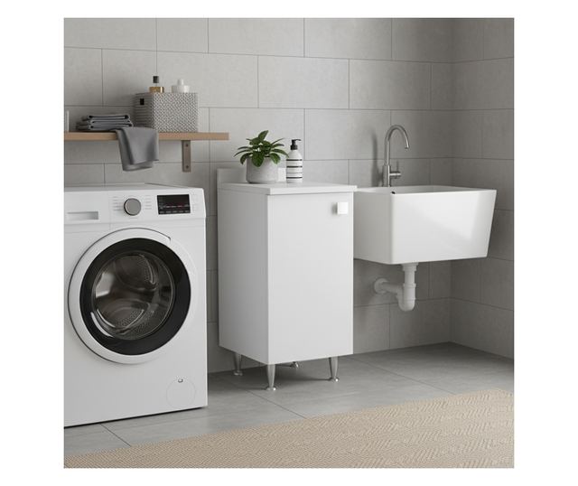 Fehér kőris szekrény jobbos ajtóval, fém lábakkal és 50 cm mélységgel, előre összeszerelve fürdőszobába és mosókonyhába.