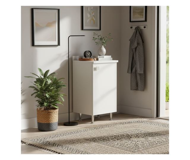 Fehér szekrény hátfallal, fém lábakkal és állítható polccal, előre összeszerelve fürdőszobába, mosókonyhába, konyhába és előszob