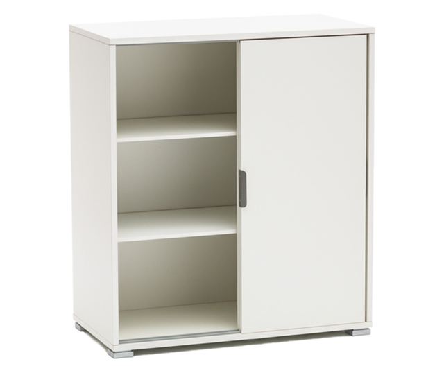 Fehér szekrény 75x85x38 cm 2 tolóajtóval és állítható polcokkal, előre összeszerelve, különféle helyiségekbe.