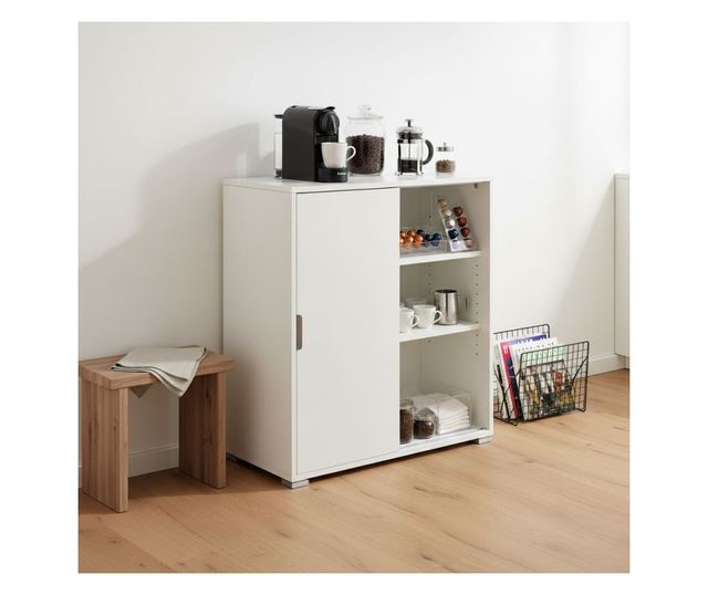 Fehér szekrény 75x85x38 cm 2 tolóajtóval és állítható polcokkal, előre összeszerelve, különféle helyiségekbe.