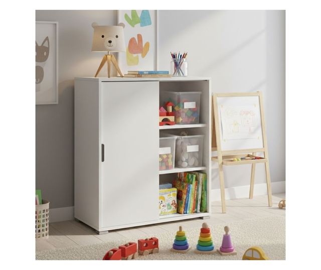 Fehér szekrény 75x85x38 cm 2 tolóajtóval és állítható polcokkal, előre összeszerelve, különféle helyiségekbe.