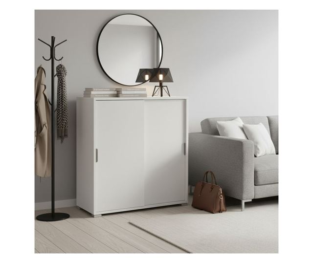 Fehér szekrény 75x85x38 cm 2 tolóajtóval és állítható polcokkal, előre összeszerelve, különféle helyiségekbe.