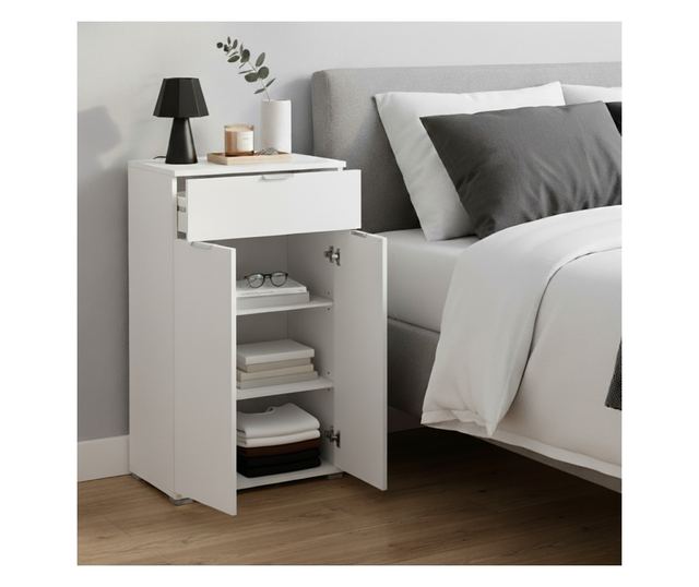 Fehér éjjeliszekrény 45×85×38 cm 2 ajtóval, fiókkal és állítható polcokkal, előre összeszerelve hálószobába, előszobába, fürdősz
