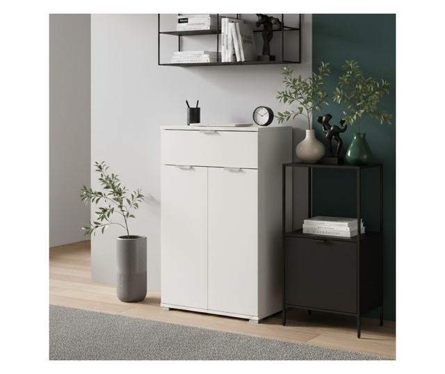 Fehér éjjeliszekrény 45×85×38 cm 2 ajtóval, fiókkal és állítható polcokkal, előre összeszerelve hálószobába, előszobába, fürdősz