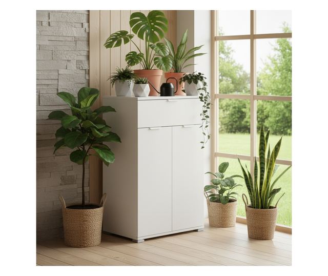 Fehér éjjeliszekrény 45×85×38 cm 2 ajtóval, fiókkal és állítható polcokkal, előre összeszerelve hálószobába, előszobába, fürdősz