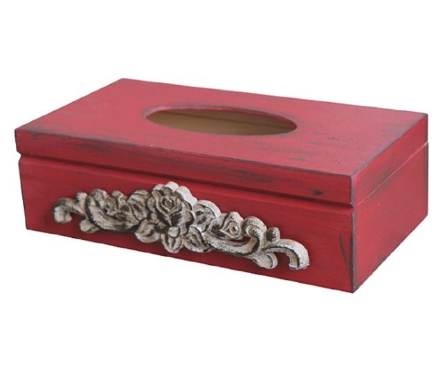 Fából készült szalvétatartó, kézzel festett, vintage piros mintával és faragott díszítéssel