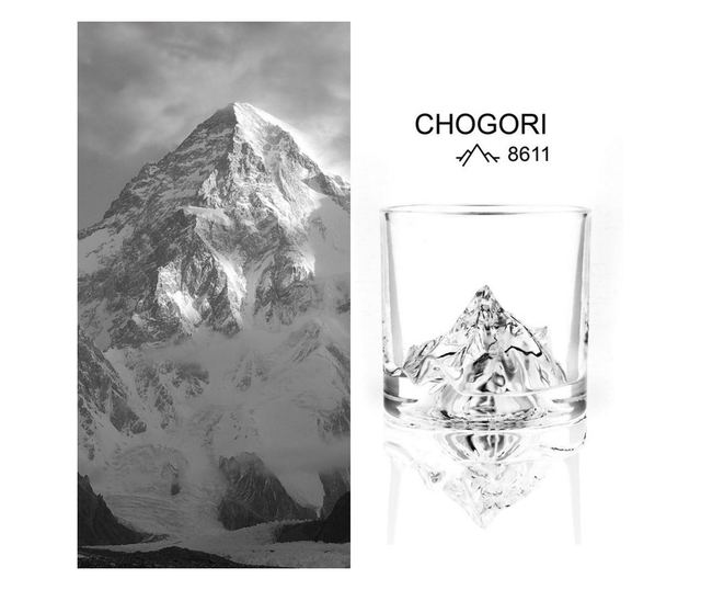 LIITON K2 Whiskey pohárkészlet, 250 ml, 2 db, Vastagított falak, 3D dombornyomott alj K2 csúcs formájában, Átlátszó