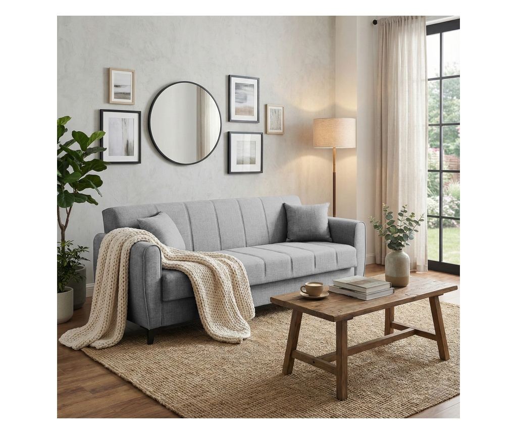 Canapea extensibilă Delhi, 3 locuri, material textil gri deschis, cu ladă depozitare şi arcuri, 216*85*85 - 4