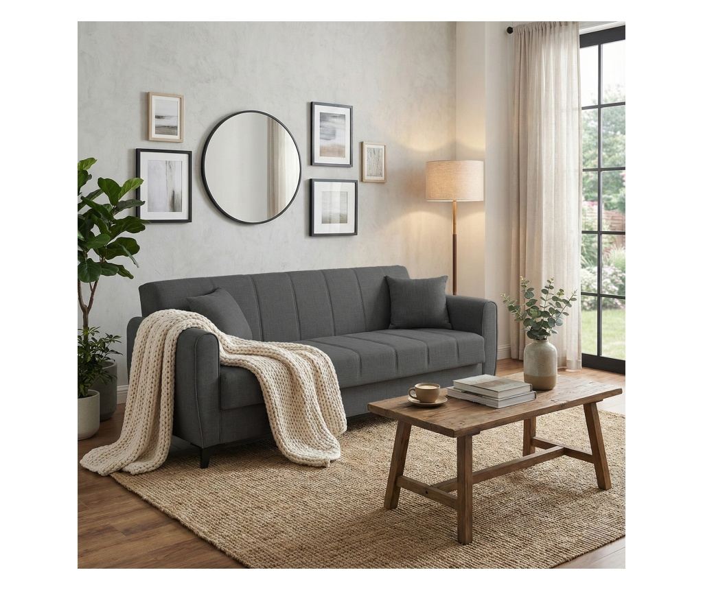 Canapea extensibilă Delhi, 3 locuri, material textil gri închis, cu ladă depozitare şi arcuri, 216*85*85 - 7