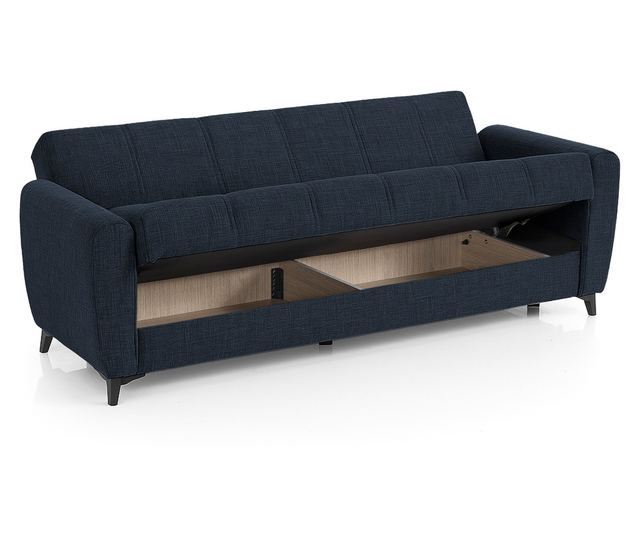 Canapea extensibilă Delhi, 3 locuri, material textil bleumarin închis, cu ladă depozitare şi arcuri, 216*85*85
