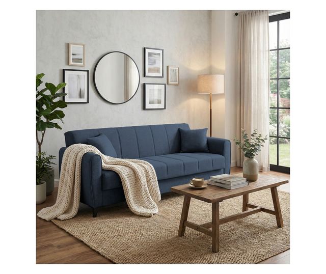 Canapea extensibilă Delhi, 3 locuri, material textil bleumarin închis, cu ladă depozitare şi arcuri, 216*85*85