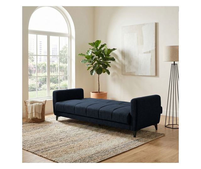 Canapea extensibilă Delhi, 3 locuri, material textil bleumarin închis, cu ladă depozitare şi arcuri, 216*85*85