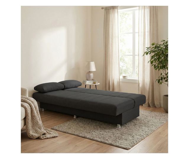 Canapea extensibilă Economix, 3 locuri, material textil gri închis, cu ladă depozitare şi arcuri, 190*88*82