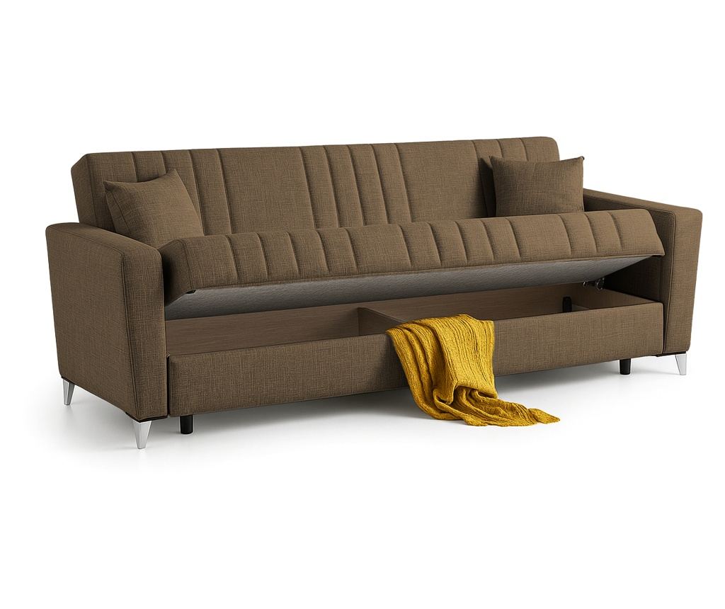 Canapea extensibilă Ekol, 3 locuri, material textil maro, cu ladă depozitare şi arcuri, 225*82*92 - 2